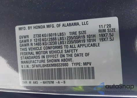 2021 Honda Odyssey Touring from USA, damaged, VIN 5FNRL6H8XMB033980